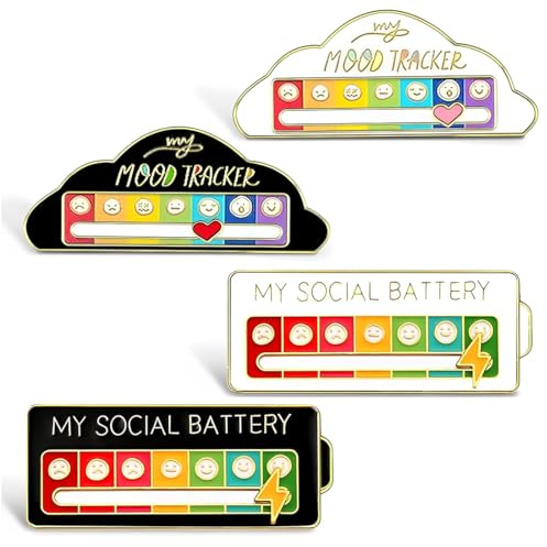 KIRZAX Mood Pin Social Battery 4 Stück Stimmung Brosche Lustige Anstecker Mood Tracker Pin Mmod Social Battery My Anstecker Brosche für Soziale Interaktionen, Schmuck, Dekoration