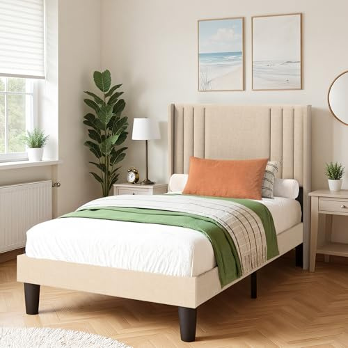 Blishom Letto imbottito 90X200cm,con testiera e rete a doghe,robusto letto in tessuto per ragazzi e camere degli ospiti,struttura imbottita,Beige