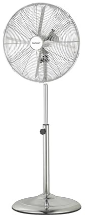 COOLTONE 16 Inch Metal Pedestal Floor Fan, Chrome Standing Fan, Oscillating Function, 3 Speed Settings, Adjustable Height, Silent Operation
