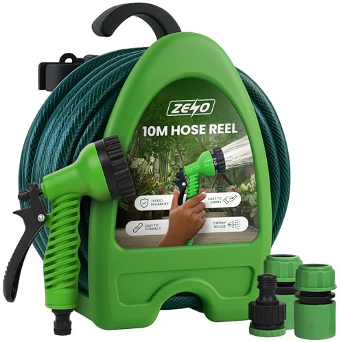ZENO Hose Pipe Reel 10M | Garden Hose 32 Feet | Hosepipes for Garden with Water Spray Gun, Adjustable Nozzles, Stand | Compact and Portable Hosepipe for Watering Garden, Flowers, Cars | Heavy Duty