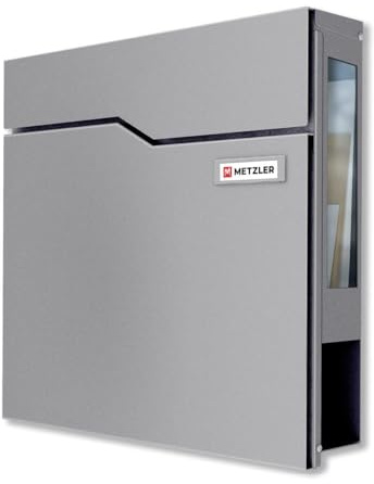 Metzler Hoffmann SF - Cassetta delle lettere in alluminio grigio con scomparto per giornali e finestra di visualizzazione, colore: grigio con targhetta intercambiabile, verniciata a polvere in RAL