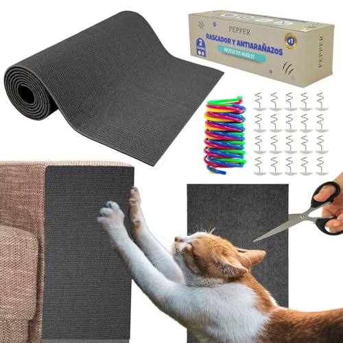 PEPPER® Protector Sofa Gatos Arañazo - Alfombra Rascadora 40x200cm Autoadhesiva con 20 Pines, Juguete y Tijeras, Evita Arañazos en Muebles y Alfombras