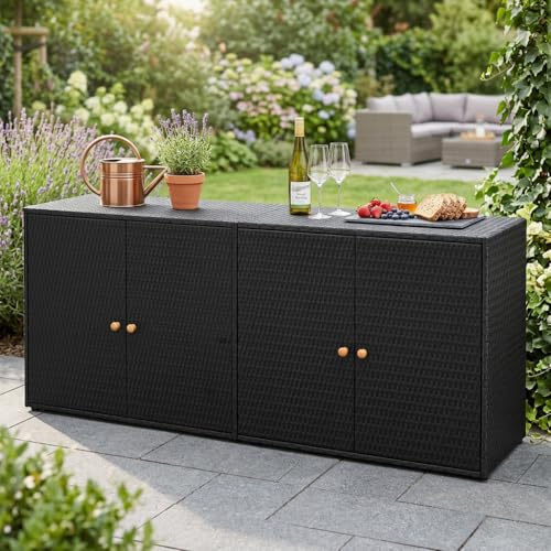 ACAGALA Gartenschrank Poly Rattan, Balkonschrank 4 Türen, Haushaltsschrank Aufbewahrungsschrank Beistellschrank Schrank, 198x55,5x80 cm, Schwarz