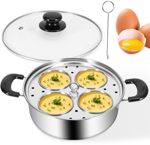 Egg Poacher Pan, 4 Cups Poached Egg Cooker for Induction & Stove Use | Stainless Steel Material, Egg Poaching Steamer Pan, Non Stick Cookware Set, Egg Cooker for Breakfast Brunch