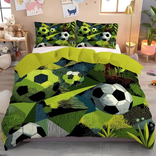 GSAEIMCT Housses De Couette Ballon De Football Triangulaire 240X260Cm,Enfant Parure De Lit Imprimé Mouvement Géométrique3D,Housse De Couette en Microfibre Douce Vert + Taies d'oreiller 65×65 Cm