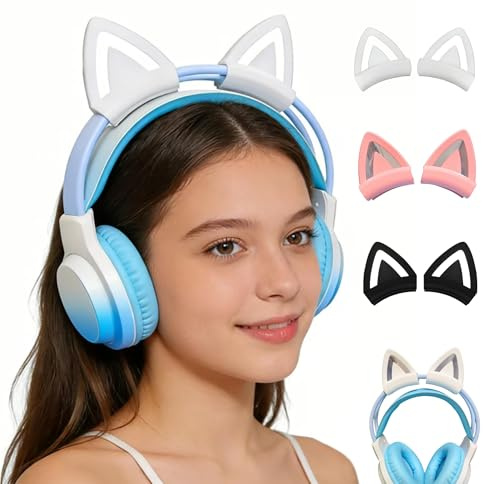 Kattöron för headset, universellt headset-örontillbehör, söta Kitty-öron dekoration med justerbart silikonband, hörlurar kattöron för 2,8–3,5 cm omkrets (vita, kattöron)