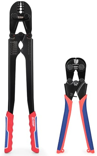 iCrimp - Pinza crimpatrice per uso intensivo per funi metalliche con taglierina integrata per cavi – Pressa a manico lungo per manicotti in rame e alluminio, crimpatrice a risparmio di manodopera per