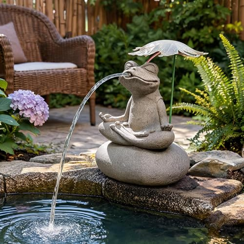Fuente decorativa con surtidor para estanques y bomba de agua, Figura de rana de piedra artificial para estanques de peces Koi, Adorno de jardín para exteriores y estanques pequeños(30x22x43cm)