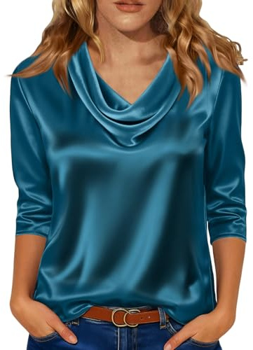 Tops Women's Elegant Waterfall Neck Satin Blouse Festive Casual Business Shirt Blouse Tops Casual 3/4 Sleeve Office Work Silk Blouse Shirt for Party Comfortable Shirt