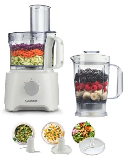 Kenwood Food Processor, 2.1L Bowl, 1.2 L Blender, Emulsifying, Knife Blade, Reversible Slicing and Grating Discs, 800 W, FDP301WH, White [Energy Class A]