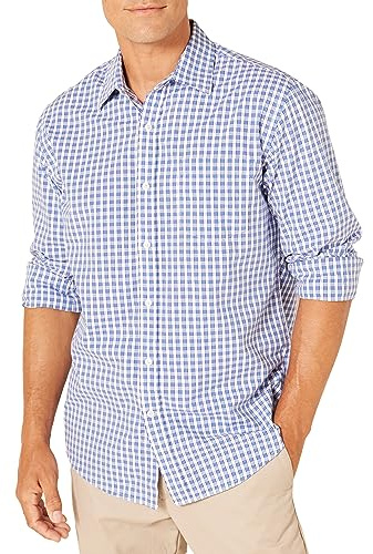 Amazon Essentials Men's Regular-Fit Long-Sleeve Casual Poplin Shirt, Blue Checks, L