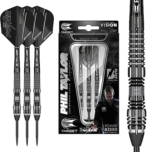 Target Darts Phil Taylor Power 8-Zero 4 Freccette con Punta in Acciaio Nero, Set di Freccette in tungsteno 80%, P8Z4, 21G | Freccette Player Edition con Punti fissi | Custodia per Freccette Nere