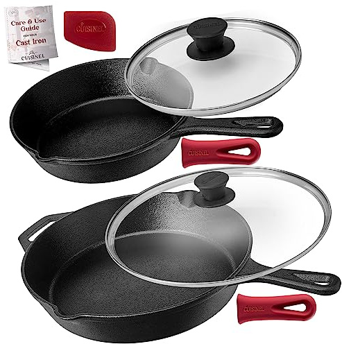 Cast Iron Skillet Set + Glass Lids - 8+12-inch / 20.32cm + 30.48cm Frying Pans + 2 Silicone Handle Covers - Pre-Seasoned Oven Safe Cookware - Indoor/Outdoor - Grill, Stove Top and Induction Safe