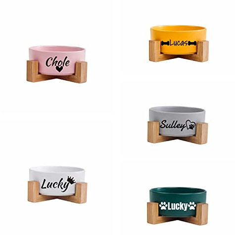 Personalisierbarer Keramiknapf für Hunde und Katzen mit Holzständer, Welpenfutter, Wassernapf, personalisierbar, für kleine Hunde, rutschfest und leicht zu reinigen