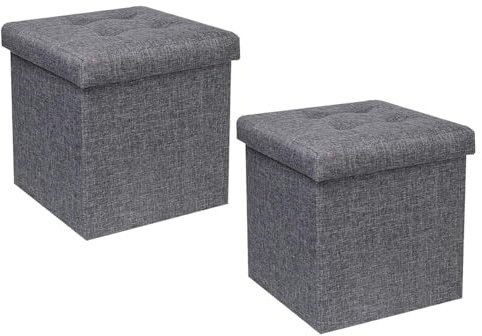 Bonlife Sitztruhe Aufbewahrung Kiste Fußbank Truhen Faltbarer Sitzhocker Mit Stauraum Leinen Packung mit 2 Stück,Grau, 32 x 32 x 32 cm