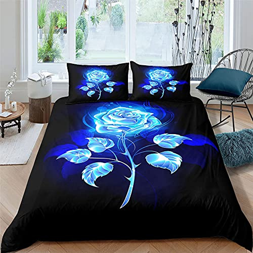 kldby Bettwäsche 200x220 3 Teilig Blau Rose Mikrofaser Bettbezug Set mit Reißverschluss und 2 Kopfkissenbezug 80x80 cm, Weiche und Angenehme