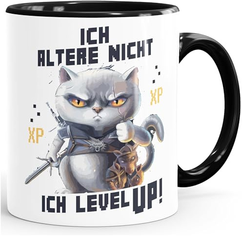MoonWorks® Kaffee-Tasse Gaming ich altere nicht ich level up! Zocker Sprüche Fun-Shirt Katze Cat Videospiele lustig Schwarz Keramik-Tasse