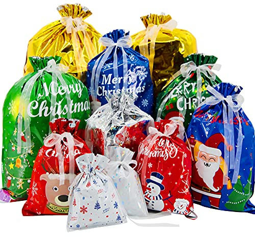 BQTQ 42 Stück Weihnachts-Geschenktüten mit Kordelzug in 10 Designs, 5 Größen
