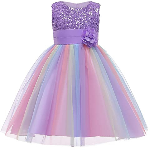 M MUNCASO Girls Princess Dress Sequin Tulle Flower Rainbow Round Collar Sleeveless Formal Dress Birthday Party Wedding Bridesmaid Girl Evening Dresses Toddler Baby Age for 3-9 Years
