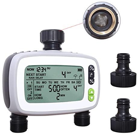 Aqualin Bewässerungscomputer mit 2 unabhängige Ausgängen， Automatisch/Manuell Wasser Timer mit Regenverzögerung，Bewässerungssteuerung mit FSTN 9.6 * 5.2cm Großer LCD-Bildschirm für Gartenpflanzen