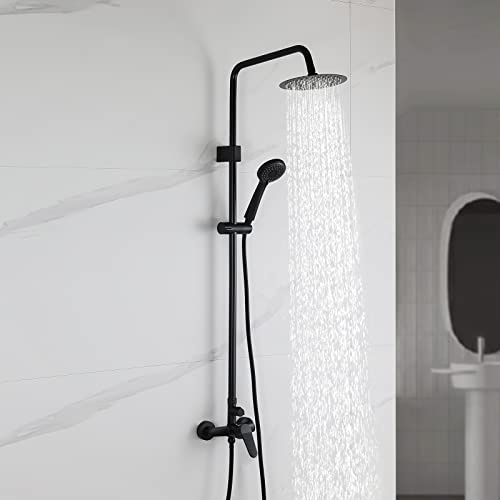 Ibergrif M17059B Shower Column System with Tap, Shower Riser Rail Kit, Brass Shower Mixer Set with 3 Functions Handheld Shower, Rainfall Shower Head and Hose Set, Black Chrome