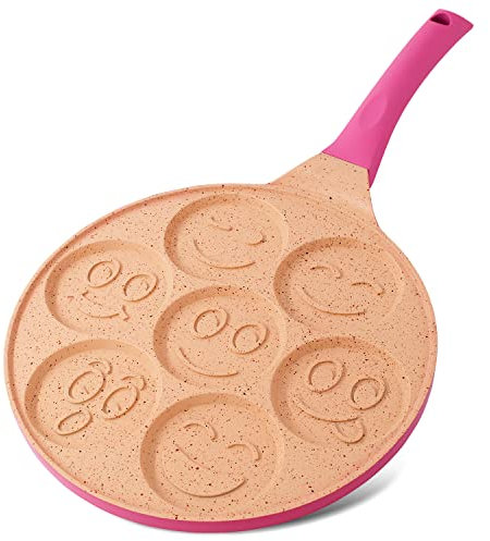 Joeji's Kitchen Teglia per pancake a 7 fori 26,5 cm Smiley - Alluminio antiaderente leggero - Induzione elettrica a gas - Mini pancake pancake crêpe - Cucina divertente per bambini - Rosa