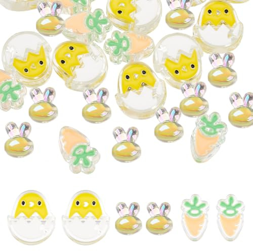 SUNNYCLUE 1 Box 30Pcs 3 Styles Easter Beads Bunny Beads Chicken Rabbit Eggs Carrot Vegetable Bead Spring Acrylic Cartoon Spacer Loose Bead for jewellery Making Necklace Bracelet Earring DIY Crafts