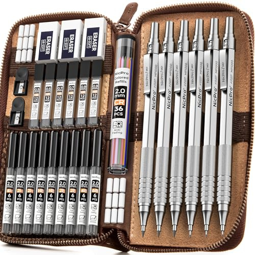 Nicpro 30 Stück Silber Metall Druckbleistift Set in Lederetui, Kunst Bleistifte 0.5, 0.7, 0.9, 2 mm Minenhalter mit 16 Röhren Ersatzminen (6B 4B 2B HB 2H 4H Farben) zum Skizzieren und Zeichnen