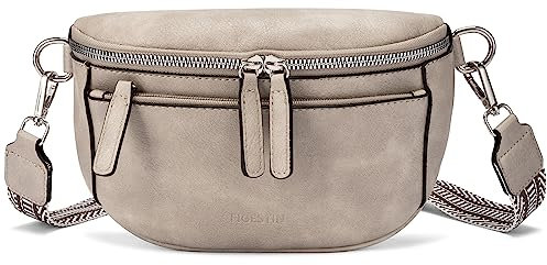 FIGESTIN Bauchtasche Damen, PU Leder Crossbody Bag Damen Breiter Gurt, Umhängetasche Damen Klein Verstellbarer Riemen Grau