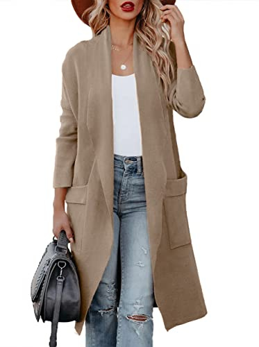 Uusollecy Cardigan Long pour Femme à Manches Longues - avec Poches, Kaki S