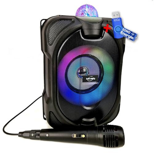 INOVALLEY Mini-Enceinte Bluetooth DANCE-CUBE44-150W PMPO, sur Batterie, Micro karaoké Boule LED+clé USB 32Go