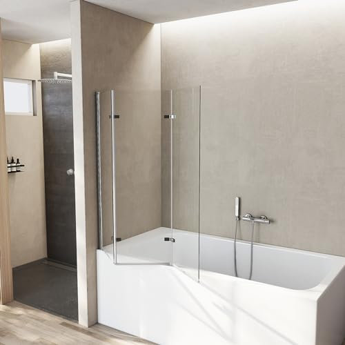 Heilmetz Pare baignoire 130 x 140 cm,3 volets pliable,Paroi de baignoire Rotation à 180°, Color Chrome, 6mm verre de sécurité, Pare de baignoire Revêtement nanométrique double face