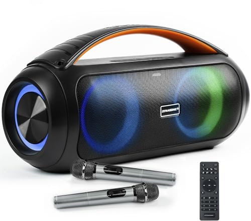 DYNASONIC D93 - Altoparlante Bluetooth portatile impermeabile IPX5. Altoparlante wireless per esterni. Stereo senza fili. Potente lettore audio con luci LED integrate. Micro-SD, USB.