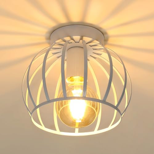 Pheashine Plafoniera Vintage Industriale, E27 Metallo Gabbia Plafoniera Bianco Lampada da Soffitto a Semi-incasso per Camera da Letto, Sala da Pranzo, Corridoio, Balcone