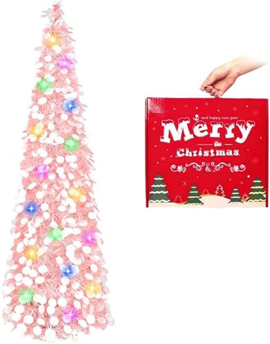 N&T NIETING Christmas Tree, 5ft/1.5m Collapsible Pop Up Xmas Tree Rose Gold Tinsel Coastal Christmas Tree for Holiday Xmas Decorations, Home Display, Office Decor(Pink&White)