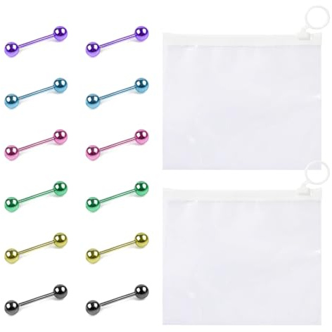 ZGDEIWGF 14 Piezas De Tachuelas De Lengua De Colores, 2 Piezas De Bolsas Con Lengüeta, Tachuelas De Lengua De Metal Chapado, Tachuelas De Lengua Rectas, Joyería Para Piercing De Lengua