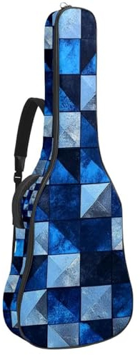Gitarrentasche, 104 cm, doppelter verstellbarer Schultergurt, Akustikgitarre, Gigbag, Aquarell-Blau, Schachbrettmuster, wasserdicht, Oxford-Stoff, dicker Schwamm, Aquarell-blaues Schachbrett,