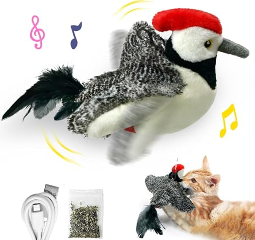 BomKra Interaktives Katzenspielzeug Vogel - Elektrisch Mit Katzenminze, Flatternd Mit Vogelruf, Wiederaufladbar, 3 Vibrationsmodi (Specht)