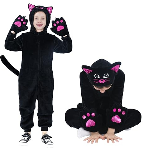 Rabtero Upgraded Flannel Kids Cat Costume, 100% Flannel Black Cat Costume for Girls, Halloween Christmas Parties Cosplay Pajamas for Kids 8-10