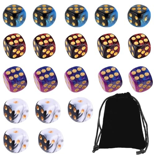 20 Pcs Colored d6 Dice, Warhammer Dice, 16mm Polyhedral Dice Set For Playing Board Games Math Learning (Red, Bule, White, Purple-Blue)