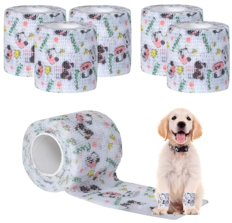 Bendaggio Autoadesivo per Animali, 6 Rotoli di Benda Elastica Coesiva, Fasciatura per Cani, Gatti, Cavalli, Senza Residui, Non Adesiva, Ideale per Ferite (5CM*400CM, Motivo panda)