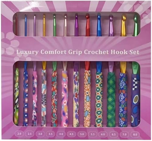 igadgitz home U7307 Set med 12 luxuösa virkningshankar med ergonomisk design och bekvämt grepp (2-8 mm) - Patchworkmönster