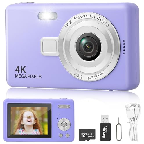 Appareil Photo Numérique, Appareil Photo Compact HD 1080P avec Carte de 64 Go, 40MP Appareil Photo 8X Zoom Numérique Rechargeable Appareil Photo Numérique pour Enfants, Débutants (Violet)