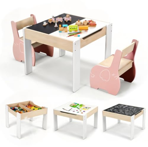 GOPLUS 4 en 1 Table Enfant avec 2 Chaises pour 3-6 Ans (Blanc+Rose) | Table d’Activité avec Plateau Réversible à Tableau Noir/Blanc, Petit Bureau avec Rangement pour Garçon Fille, Charge 30KG