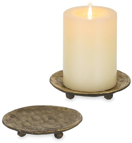 Inweder Cast Iron Candle Holder: 4.6 in Pillar Gold Candle Plate Brass Pedestal Stand Vintage Decorative Tray for 3 Wick Jar Candles Tealight Votive for Table Home Christmas Set of 2