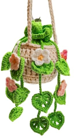 Crochet Hanging Plant for Car Decorative Portable Cute Plant Flower Aesthetic Car Hanging Accessories for Drivers