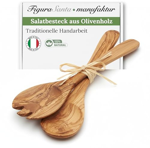 Figura Santa Exklusives Salatbesteck aus Olivenholz - Salatgabel und Servierlöffel, 2 teiliges Holzbesteck, Löffel, Gabel, Küchenhelfer aus Holz, fein gemasert (21 cm)