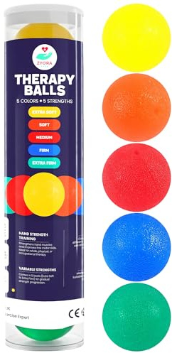 Zyora Hand Exercise Balls – 5 Strengths Extra Soft, Soft, Medium, Firm, Extra Firm for Stress Relief & Hand Strengthening