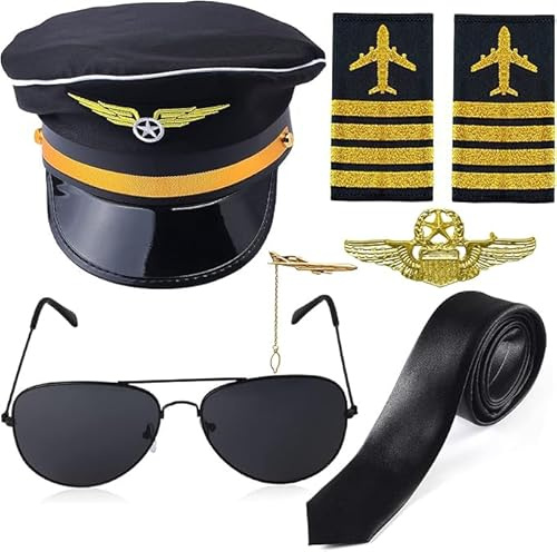 NANXJIUR 6 Pcs Airline Pilot Captain Costume Kit with Aviator Sunglasses, Pilot Captain Hat Costume Accessories for Halloween Party Cosplay Supplies