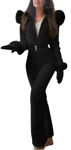 Combinaison de ski d'hiver pour femme | Capuche coupe-vent – Costumes de neige pour sports de plein air – Combinaison d'hiver avec ceintures pour le ski, Noir , x_l